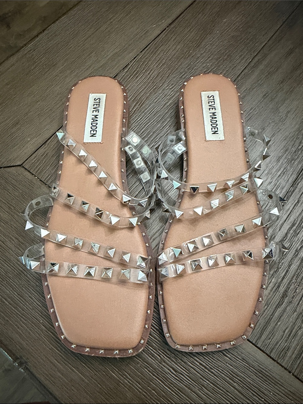 Steve Madden Nude Footbed Clear Studded Slide Sandal